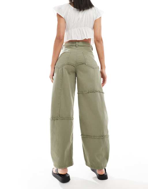 ASOS DESIGN high rise barrel jeans with raw edges in khaki
