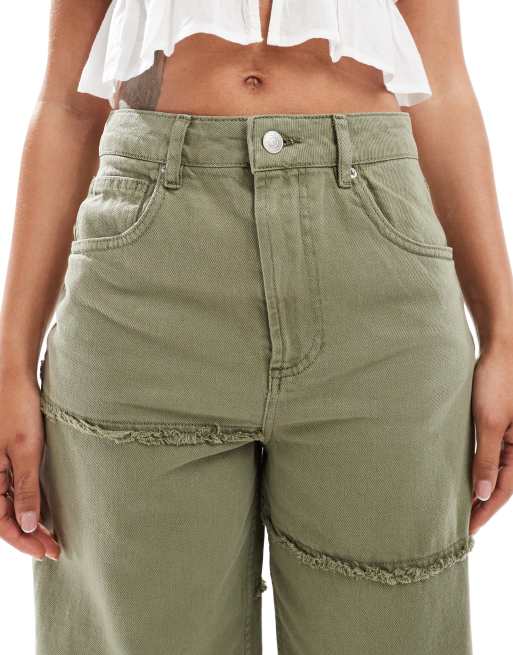 ASOS DESIGN high rise barrel jeans with raw edges in khaki