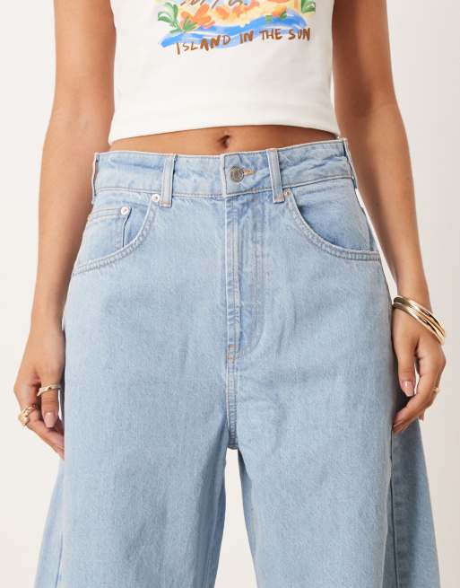 ASOS DESIGN high rise barrel jeans with rips in light wash