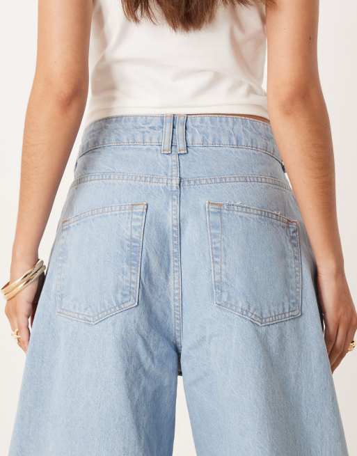 ASOS DESIGN high rise barrel jeans with rips in light wash