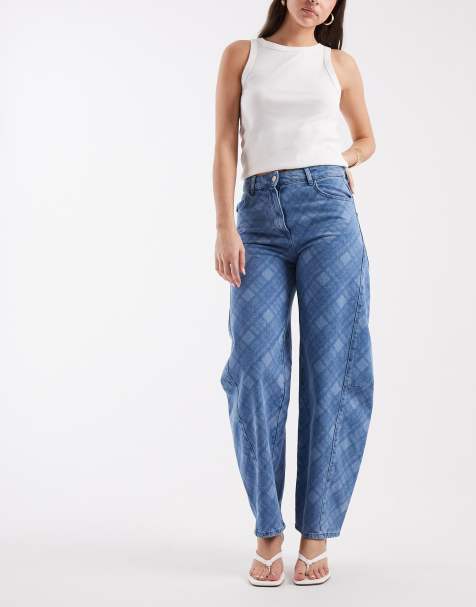 ASOS DESIGN high rise barrel leg jeans in laser plaid print - view 1