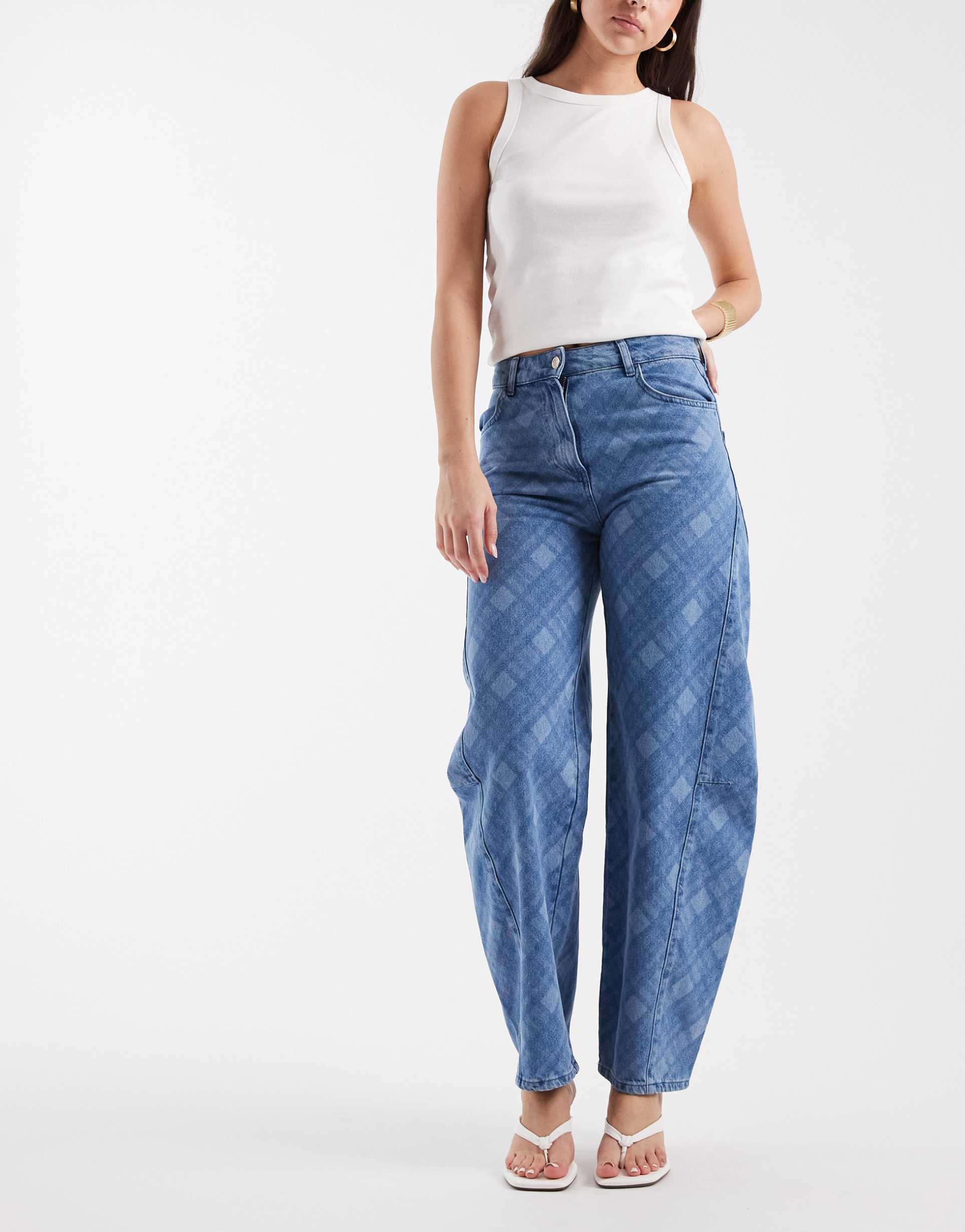 asos design high rise barrel leg jeans in laser plaid print