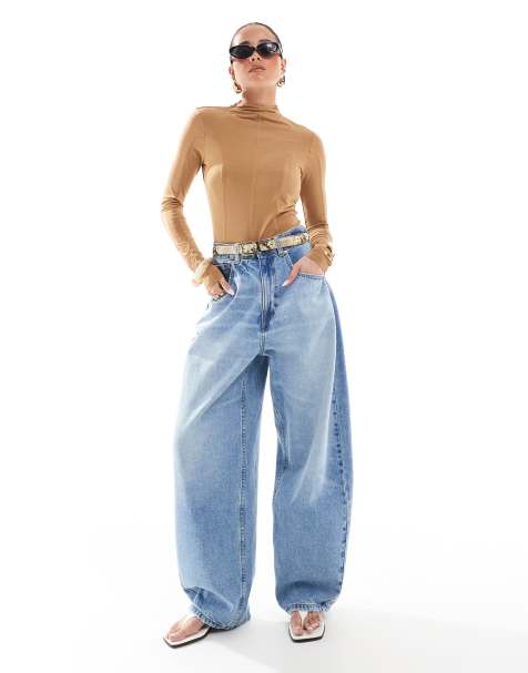 ASOS DESIGN high rise barrel leg jeans in light mid blue - view 1