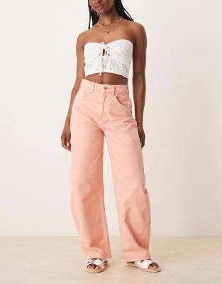 Asos Design High Rise Barrel Leg Jeans In Pink