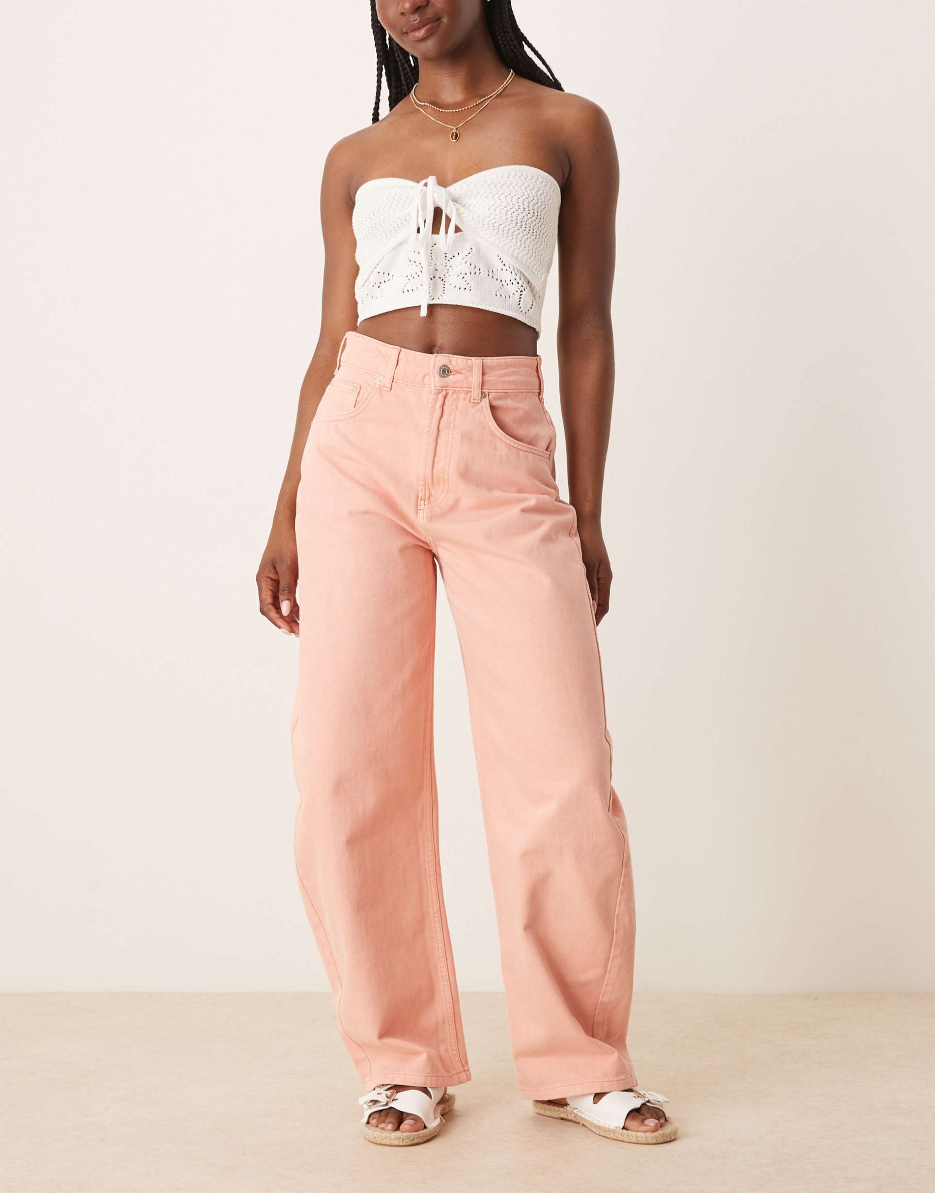 asos design high rise barrel leg jeans in soft apricot