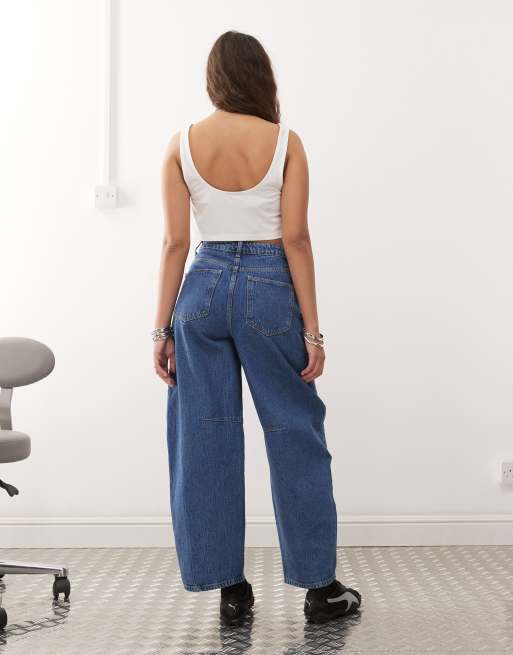 ASOS DESIGN high rise barrel leg jeans with button fly in mid blue, 2 of 5