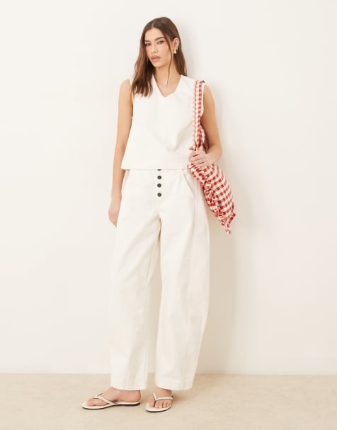 ASOS DESIGN high rise barrel leg jeans with contrast button fly in ecru - view 1