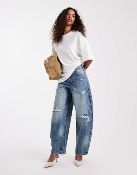 ASOS DESIGN high rise barrel leg jeans with rips in mid blue - view 1
