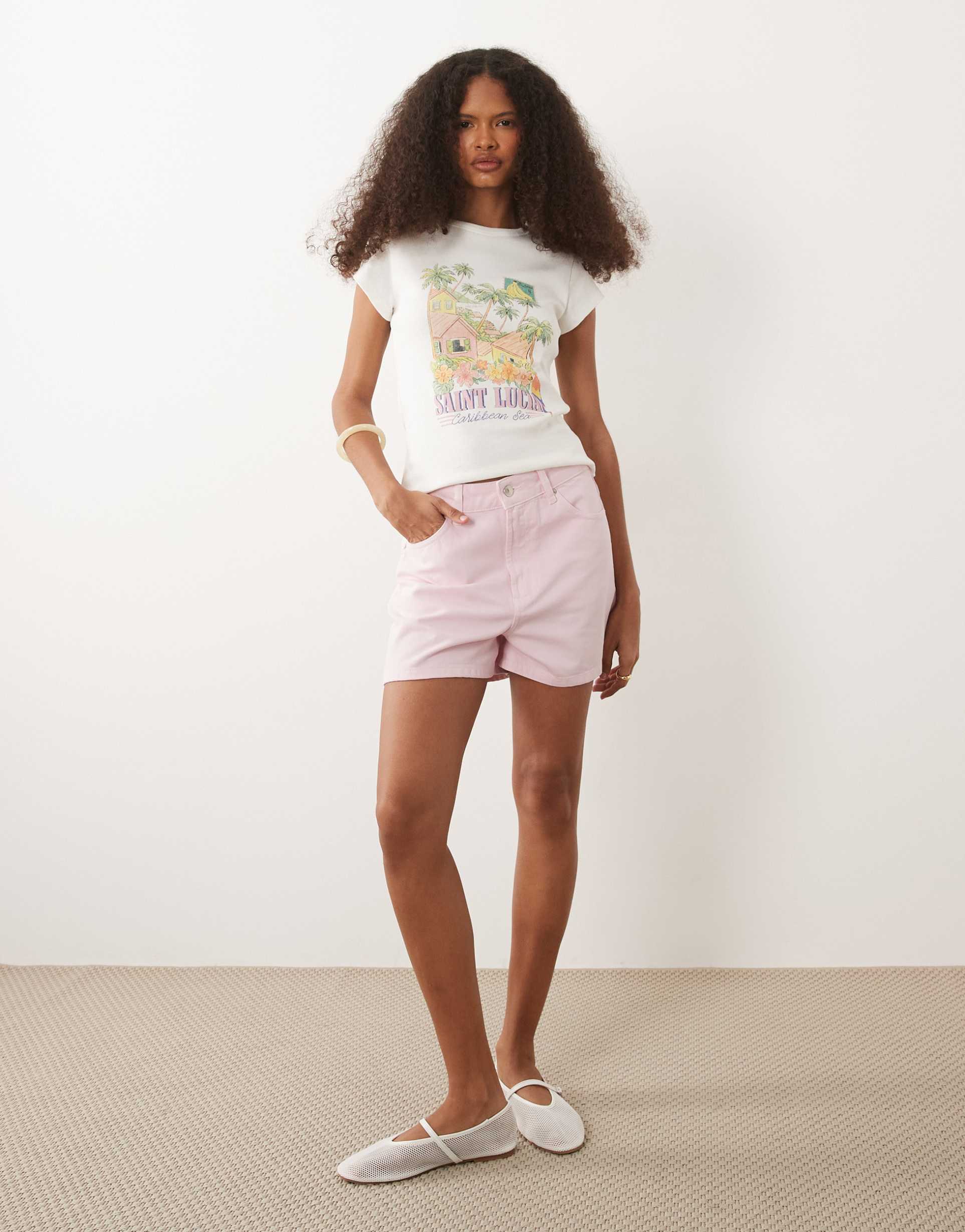 asos design high rise denim shorts in pink