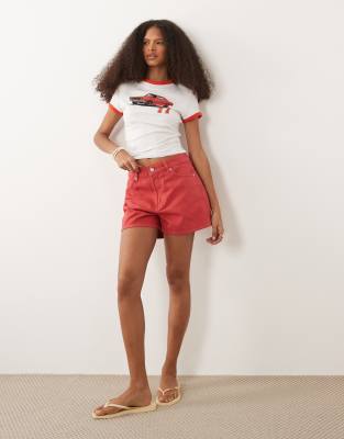 high rise denim shorts in red