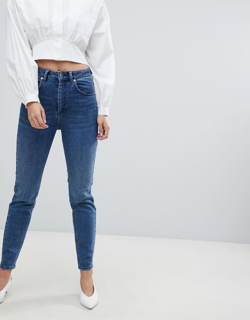 ASOS DESIGN high rise farleigh 'slim' mom jeans in dark stone wash with bum rips, 2 of 4