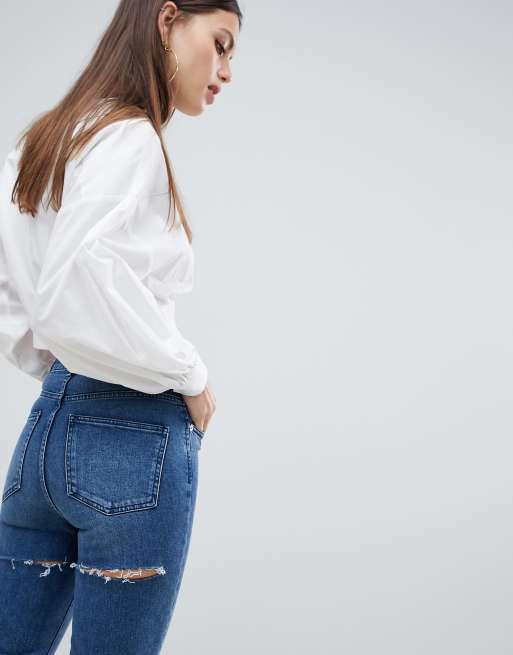 ASOS DESIGN high rise farleigh 'slim' mom jeans in dark stone wash with bum rips, 3 of 4