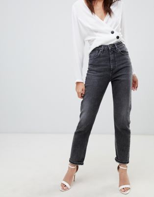 asos design farleigh high waisted slim mom jeans in washed black