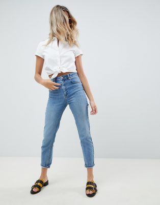 asos design farleigh high waist slim mom jeans in light stone wash