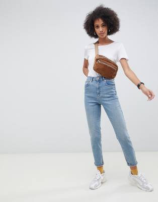 asos design farleigh high waist slim mom jeans in light stone wash