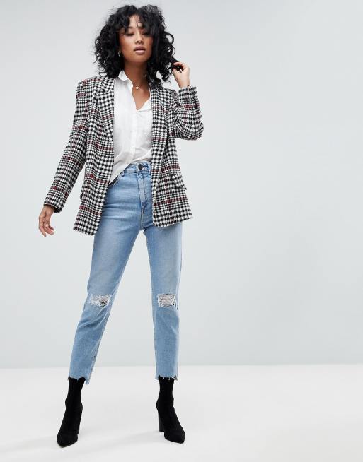 ASOS DESIGN high rise farleigh slim mom jeans in light vintage wash with busted knee and rip repair detail