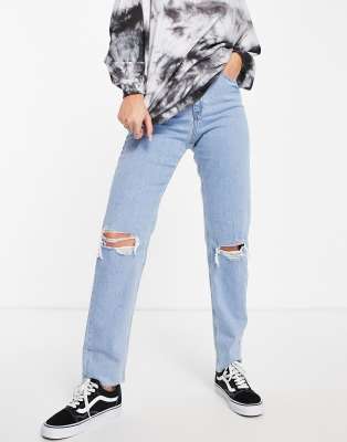 ASOS DESIGN high rise farleigh 'slim' mom jeans in lightwash with rips-Blues