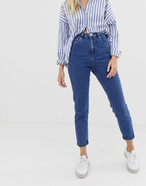 Asos Design High Rise Farleigh Slim Mom Jeans In Mid Wash Blue Asos