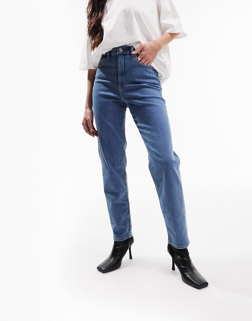 Asos Design Slim Mom Jeans In Mid Blue-blues