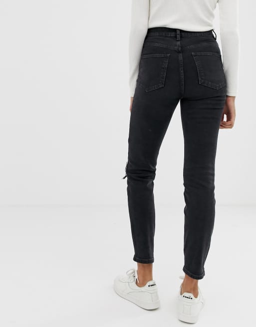 ASOS DESIGN high rise farleigh 'slim' mom in washed black with busted knees | ASOS