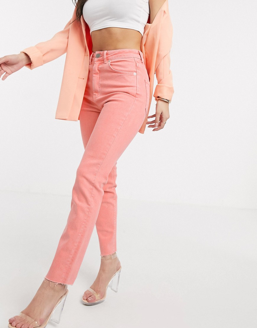 ASOS DESIGN High rise 'Farleigh' slim mom jeans with raw hem in coral-Orange