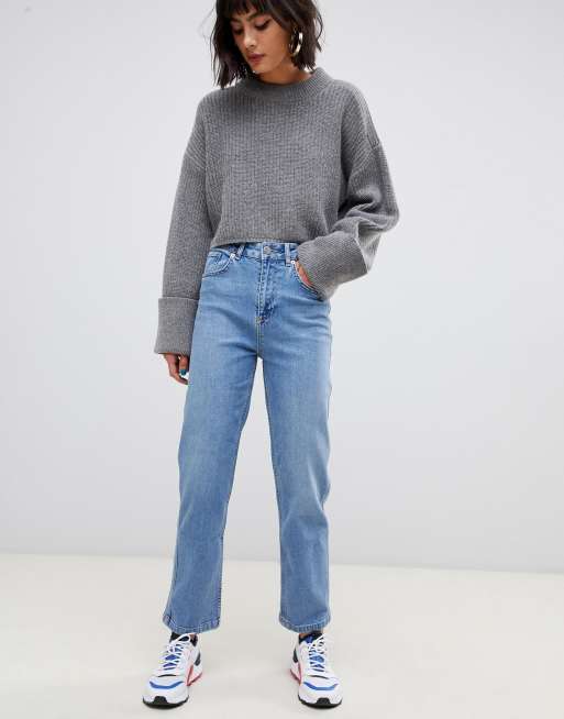 Asos Design High Rise Farleigh Straight Leg Jeans In Stone Wash Blue Asos