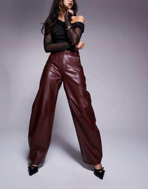ASOS DESIGN high rise faux leather barrel leg pants in burgundy - view 1