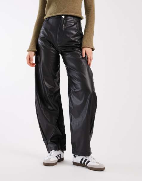 ASOS DESIGN high rise faux leather barrel leg trouser in black