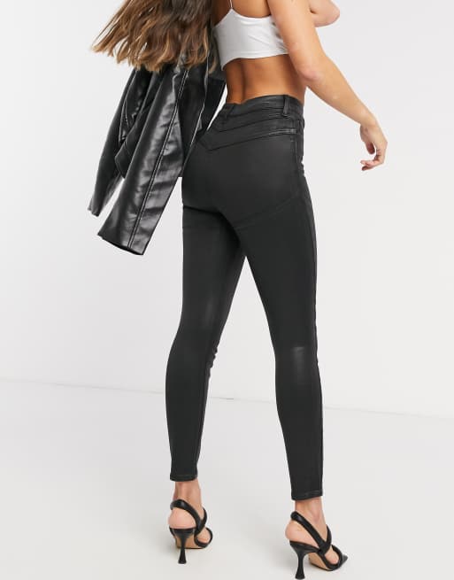 ASOS DESIGN skinny jeans with coated denim in black with biker