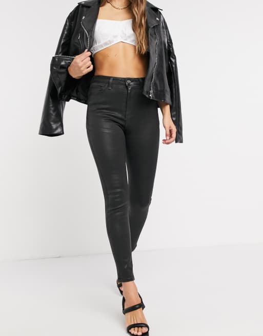 ASOS DESIGN skinny jeans with coated denim in black with biker