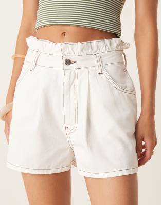 Asos Design High Rise Pleated Denim Shorts With Paperbag Waist-white In White