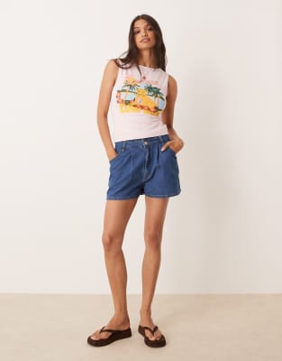Asos Design High Rise Pleated Denim Shorts With Paperbag Waist-blue In Blue