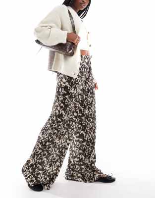 Asos Design High Rise Plisse Straight Leg Pants In Brown Distorted Print-multi