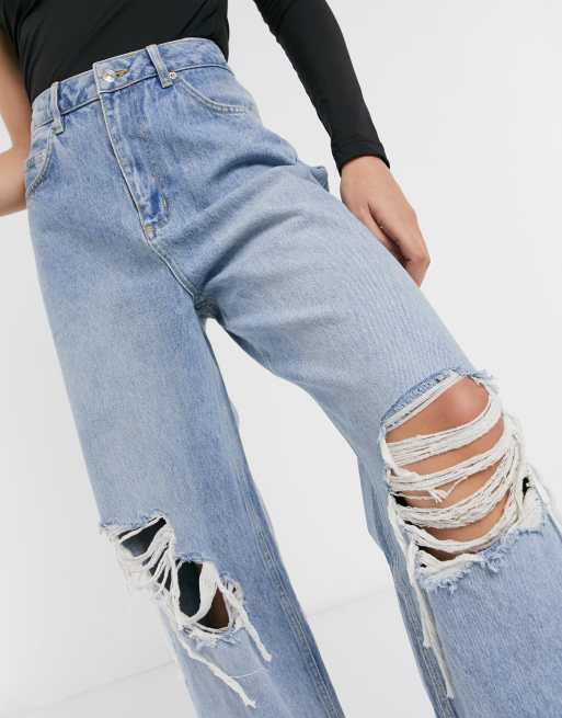 Asos Design High Rise Relaxed Dad Jeans In Authentic Midwash With Rips Asos