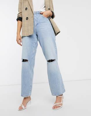 ASOS DESIGN High rise 'relaxed' dad jeans in vintage light wash with rips-Blue