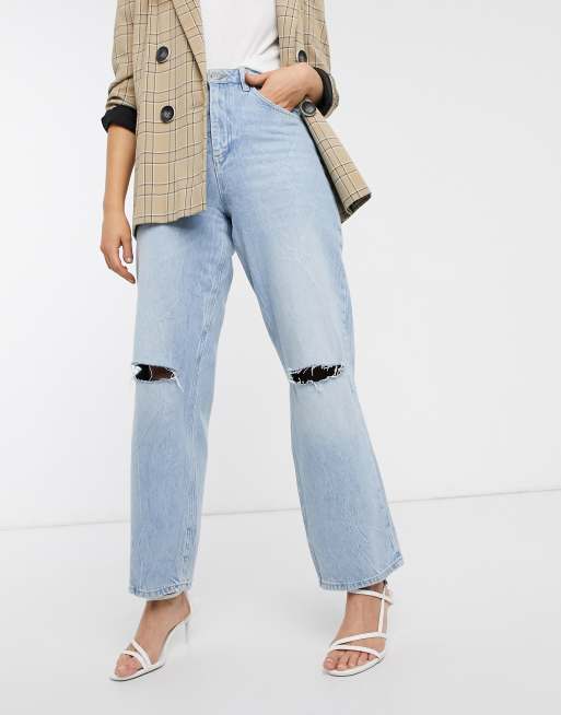 ASOS DESIGN High rise 'relaxed' dad jeans in vintage light wash with rips