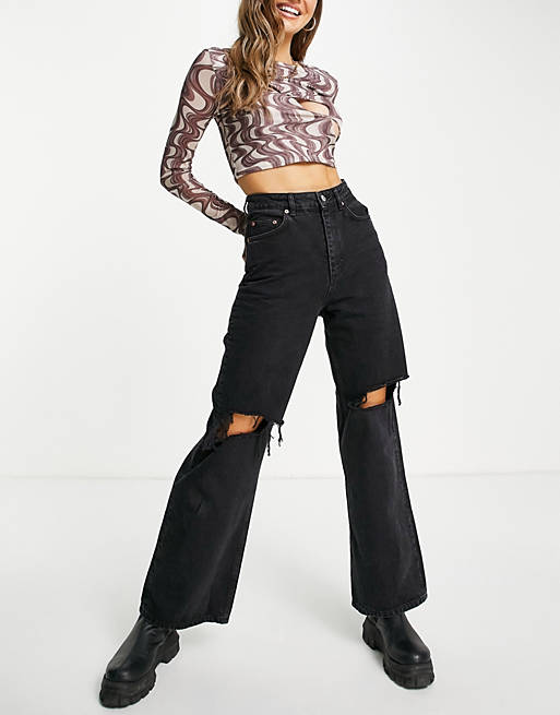 Jeans high rise 'relaxed' dad jeans in washed black with rips 