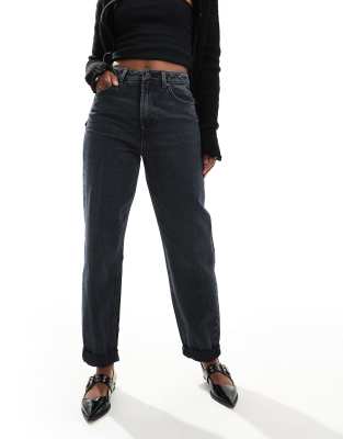 high rise relaxed mom jeans in blue black-Navy