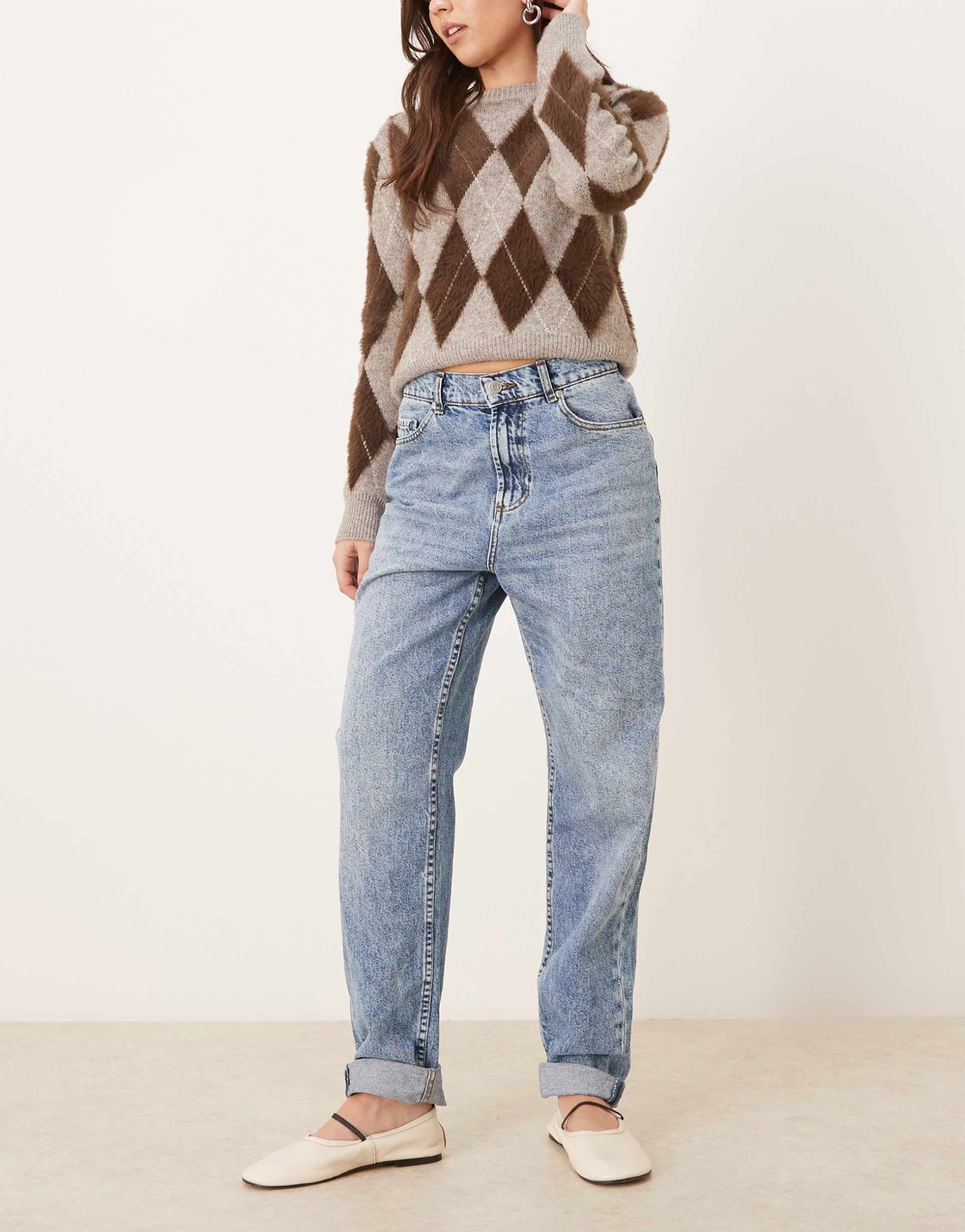 asos design high rise relaxed mom jeans in mid blue