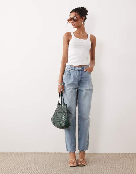 ASOS DESIGN high rise relaxed mom jeans in mid blue