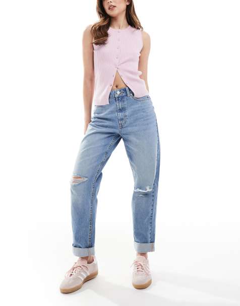 ASOS DESIGN high rise relaxed mom jeans in mid wash with knee rips - view 1