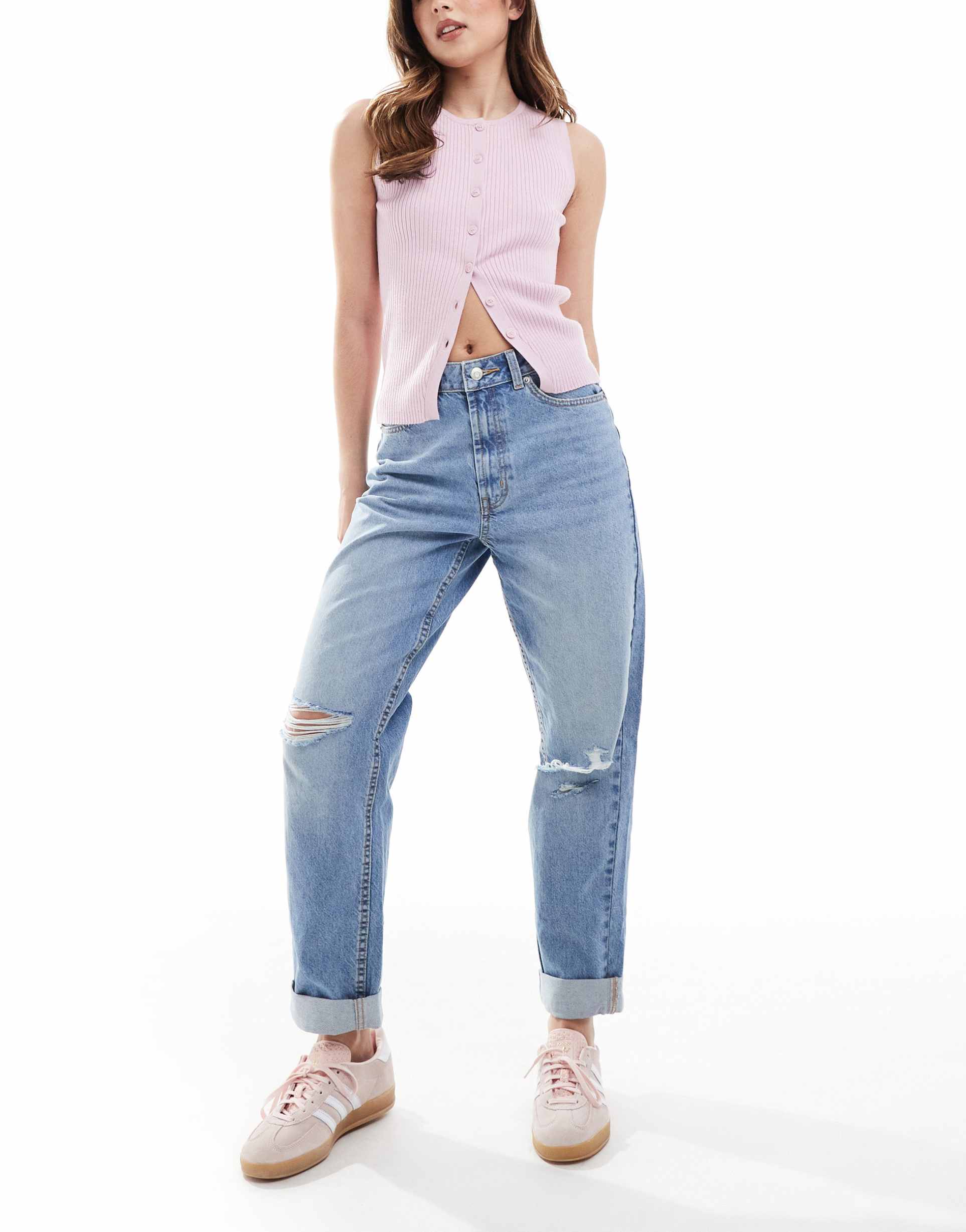 asos design high rise relaxed mom jeans in mid wash with knee rips