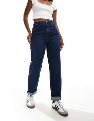 Asos Design High Rise Relaxed Mom Jeans In Rinse Wash-navy