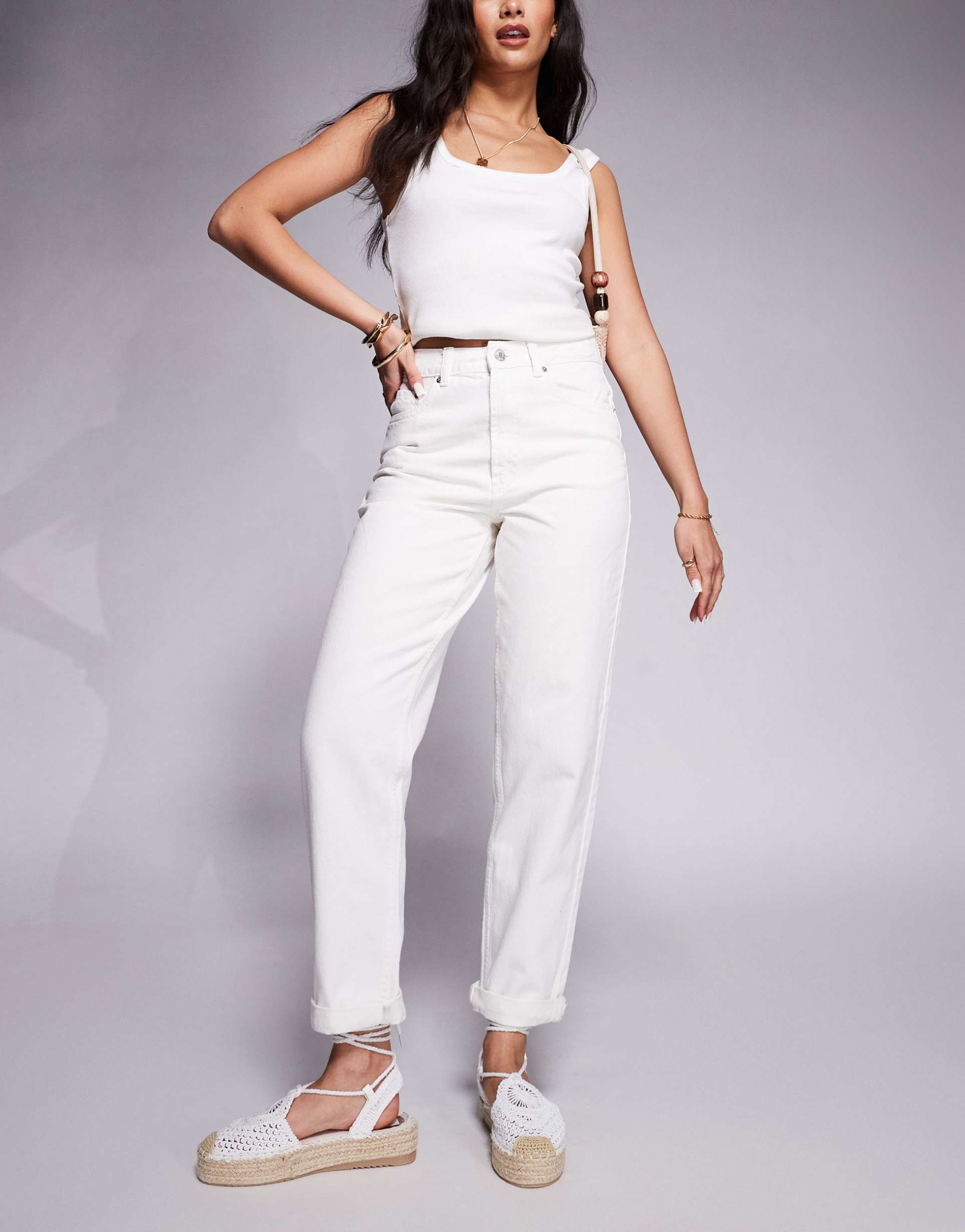 asos design high rise relaxed mom jeans in white