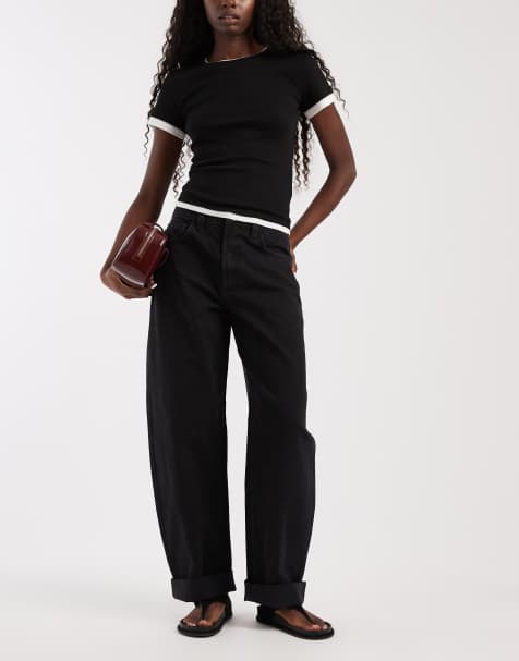 ASOS DESIGN high rise relaxed roll hem jeans in black - view 1
