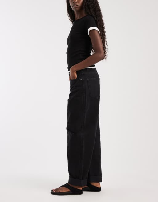 ASOS DESIGN High rise relaxed roll hem jeans in black, 3 of 5