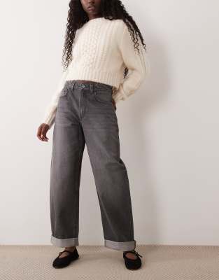 Asos Design High Rise Relaxed Roll Up Jeans In Grey