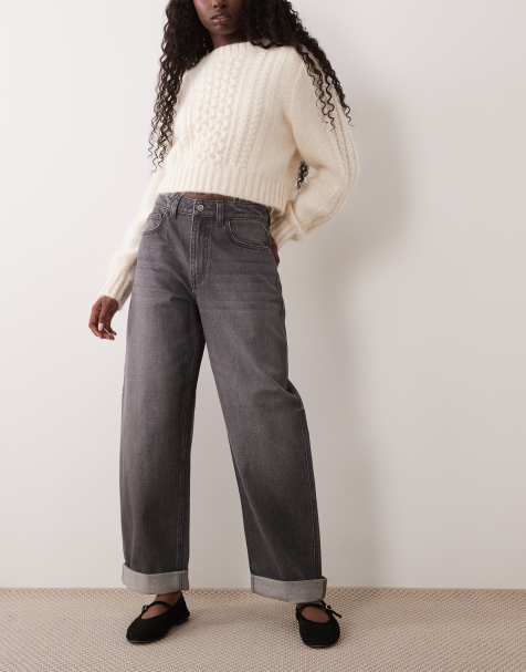 ASOS DESIGN high rise relaxed roll up jeans in grey - view 1