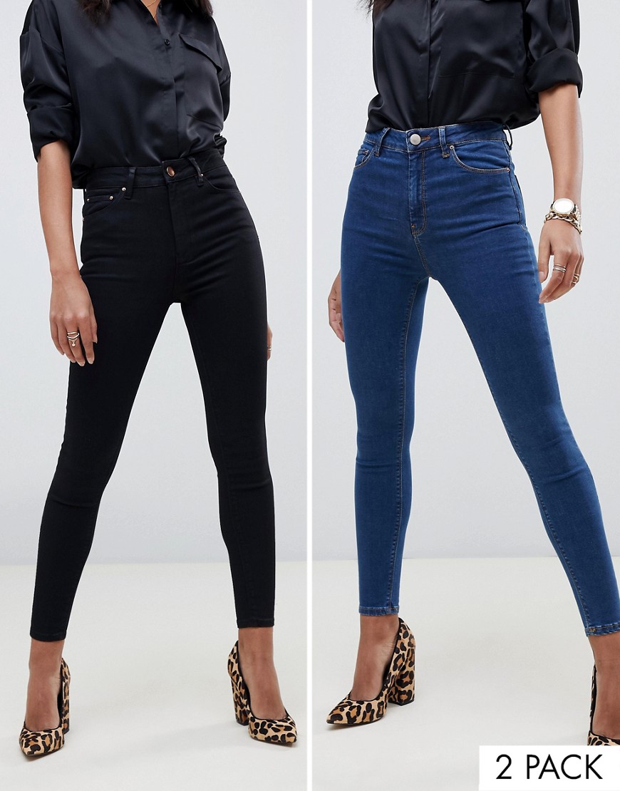 ASOS DESIGN high rise ridley 'skinny' jeans 2 pack in black and mid blue wash save 16%-Multi