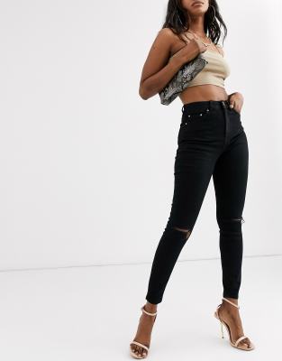 high waisted black knee cut jeans